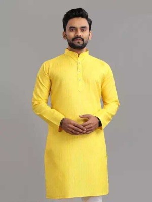 Shree Sundha Men Striped Straight Kurta(Yellow)