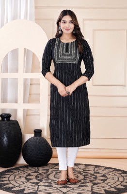 Thekurtishouse Women Polka Print Straight Kurta(Black)