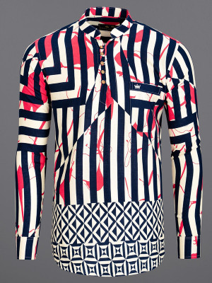 french crown Men Printed Straight Kurta(Purple)