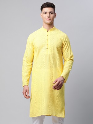 Jompers Men Embroidered Straight Kurta(Yellow)