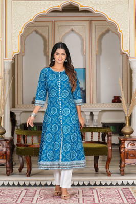 IKRASS Women Floral Print Straight Kurta(Blue)