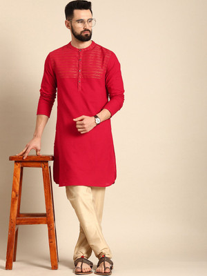 ANOUK Men Striped Straight Kurta(Red)