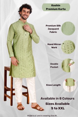 Koshin Men Embroidered Straight Kurta(Light Green)