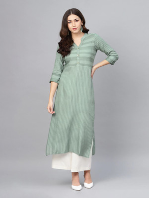 Meeranshi Women Striped Straight Kurta(Green)