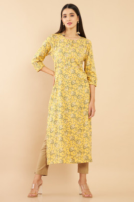 soch Women Floral Print Straight Kurta(Yellow)