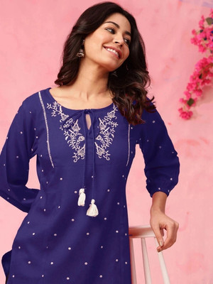 Laxmi Fab Tex Women Printed Straight Kurta(Dark Blue)