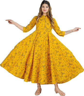METAFAB Women Printed Flared Kurta(Yellow)