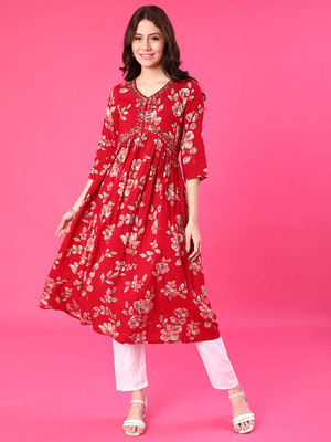 V-MART Women Floral Print A-line Kurta(Red)