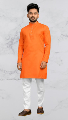 M Biswas Men Solid A-line Kurta(Orange)