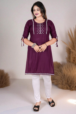 TurningFashion Women Embroidered, Solid Straight Kurta(Purple)