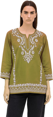 Era Chikan Women Embroidered Ethnic Dress Kurta(Green)