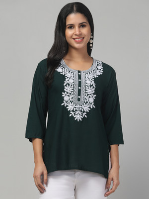 Style Access Women Embroidered Straight Kurta(Dark Green)