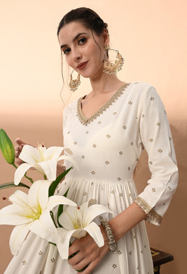 vidhani Women Printed Gown Kurta(White)