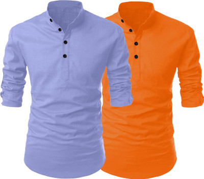 LIRMO Men Solid Straight Kurta(Blue, Orange)