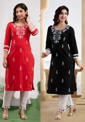 vikshi Women Chikan Embroidery Straight Kurta(Multicolor)