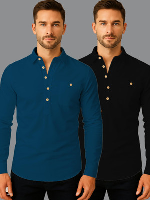 LENIA Men Solid A-line Kurta(Blue, Black)