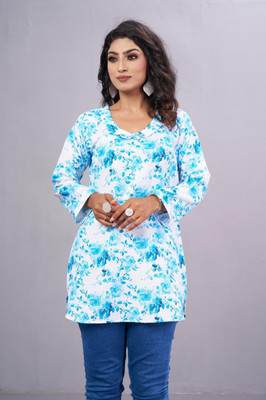 RUPPE Women Floral Print A-line Kurta(Blue, White)