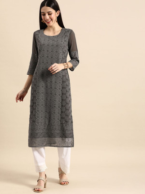 ANOUK Women Embroidered Straight Kurta(Grey)