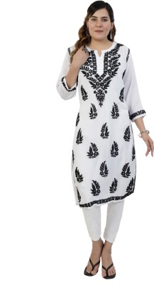 Golden Chikan Export Women Chikan Embroidery A-line Kurta(White)