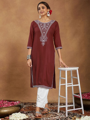 Janasya Women Embroidered Straight Kurta(Maroon)