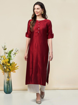 Indo Era Women Solid Straight Kurta(Red)