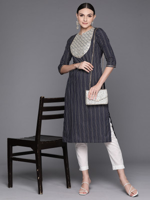 Indo Era Women Embroidered Straight Kurta(Dark Blue)