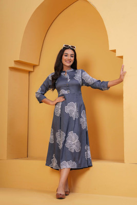 EMPIRE STYLE Women Floral Print Flared Kurta(Grey)