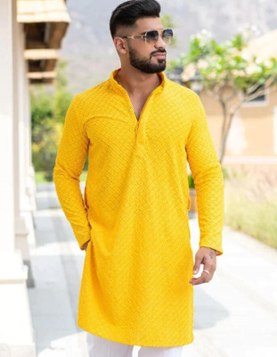 Lazzly Men Embroidered Straight Kurta(Yellow)