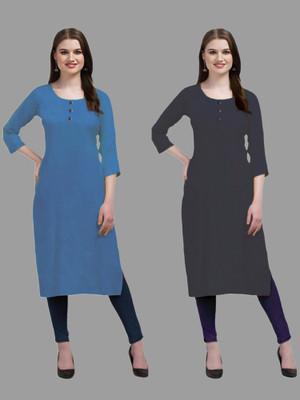 HOFC Women Solid Straight Kurta(Light Blue, Grey)