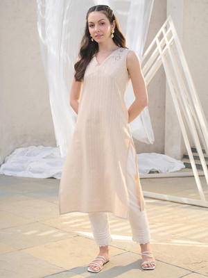 Stylum Women Woven Design Straight Kurta(Beige)