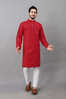 ALMORA Men Embroidered A-line Kurta(Maroon)