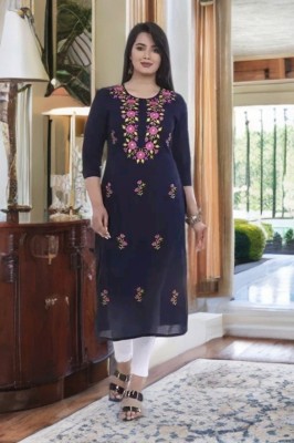 Oxipital Club Women Embroidered A-line Kurta(Dark Blue)