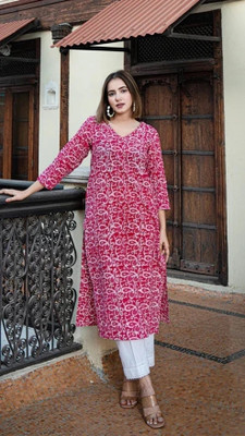 SANGOURI Women Floral Print Straight Kurta(Red)