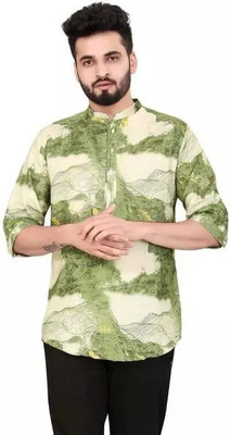 fashiontrend Men Printed Straight Kurta(Green, Beige)