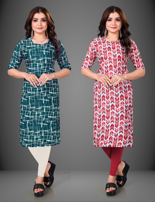 YATKSH Women Printed Straight Kurta(Red)