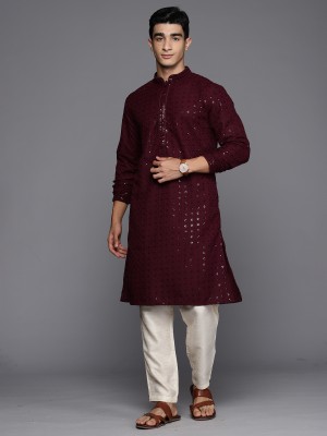 Indo Era Men Chikan Embroidery Straight Kurta(Purple)