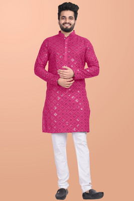 BYTER Men Embroidered Straight Kurta(Pink)