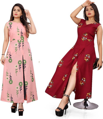 Hiral Creation Women Printed Frontslit Kurta(Red)
