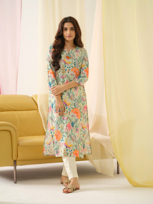 Sangria Women Floral Print A-line Kurta(Blue)