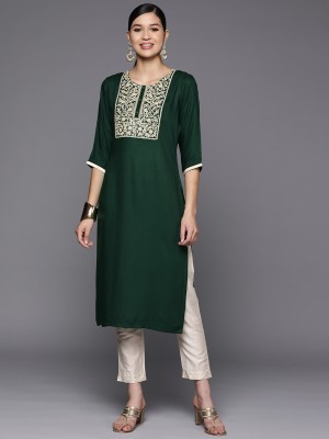 LIBAS Women Embroidered Straight Kurta(Green)