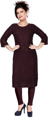 NMS Women Embellished Straight Kurta(Brown)