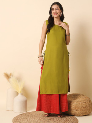 MEERANSHI LIVING Women Solid Straight Kurta(Green)