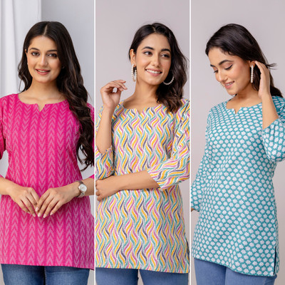 Dangra Women Printed, Geometric Print, Abstract, Ikat Tunic Kurta(Pink, Multicolor, Blue)