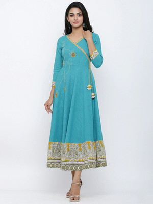 Yash Gallery Women Embroidered Flared Kurta(Light Blue)