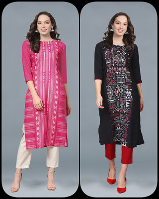 glamson Women Printed A-line Kurta(Black, Pink)