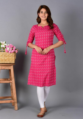 MON Women Printed Straight Kurta(Pink)