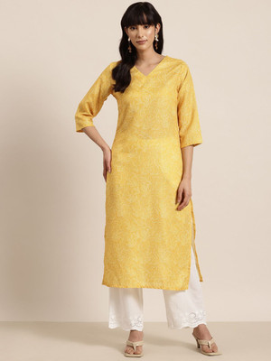 HERE&NOW Women Floral Print A-line Kurta(Yellow)