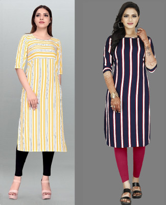 maruti fab Women Striped A-line Kurta(Yellow, Purple)