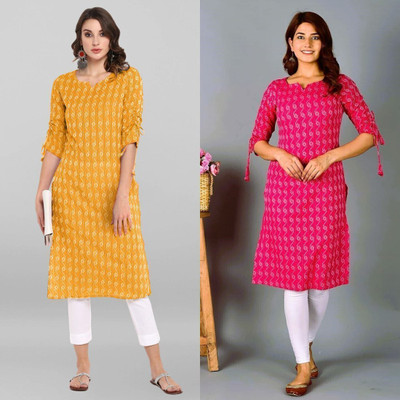 AOSLY Women Printed A-line Kurta(Yellow, Pink)