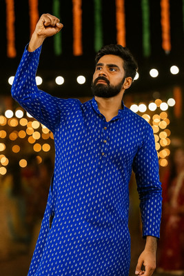 singh Men Printed, Polka Print Straight Kurta(Blue)